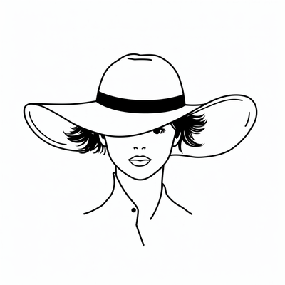 Vector sketch of a stylish woman’s hat, elegant wide brim with a subtle ribbon detail, drawn in a minimalist designer sketch style, black ink outlines, light annotations for texture, clean white background, high detail, artistic yet simple