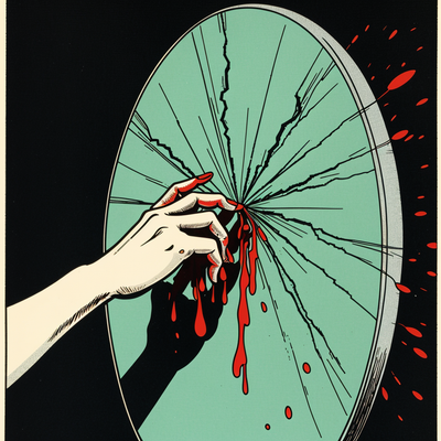 "A close-up of the mirror cracking violently, blood-red liquid oozing from the fractures. Zoya’s hand recoils in fear, her reflection splintering into fragments. Style: Surreal horror, Junji Ito-inspired inkwork, high contrast, crimson and black tones."
Key Symbols: Blood-like liquid, fractured reflection.