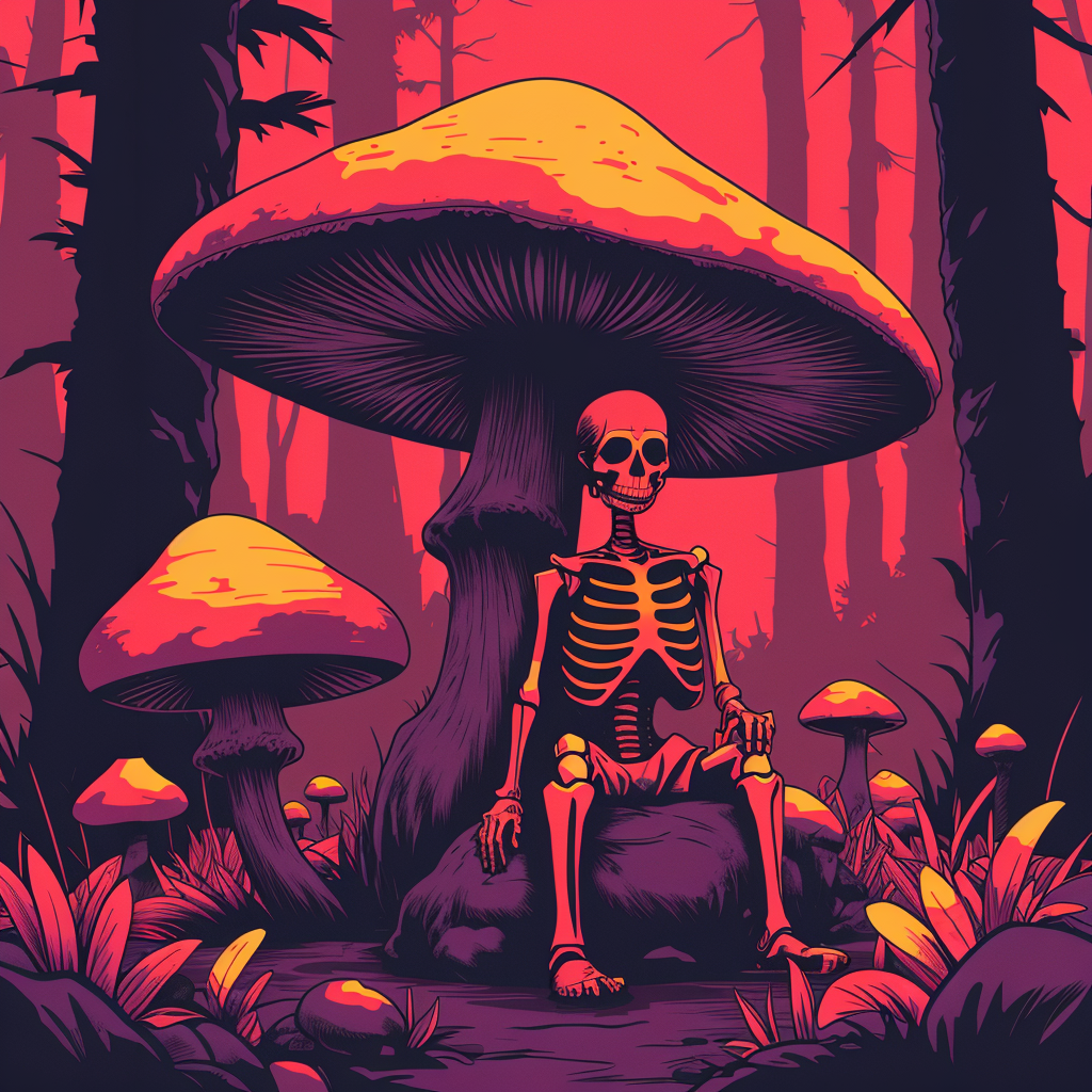 An skeleton sitting down on psychedelic mushroom