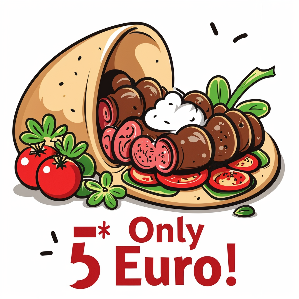 Design a poster for kebab shop with image of doner kebab and price is 5 euros