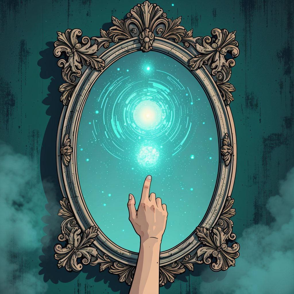 “A tarnished Victorian mirror with a swirling mercury-like surface, glowing portals showing three alternate lives (CEO, artist, mother), surreal digital painting style, magical realism, Remedios Varo inspiration, foggy ambiance, deep blues and silvers.”
Key Details: Lila’s hand reaching toward the mirror, faint cracks on the glass.