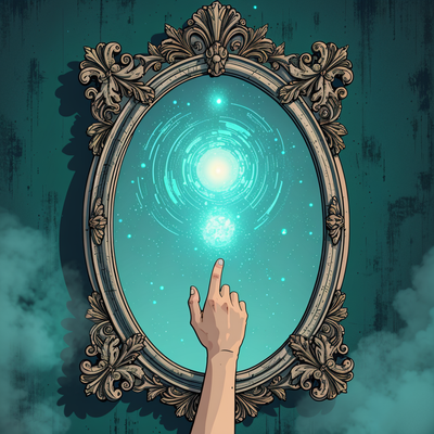 “A tarnished Victorian mirror with a swirling mercury-like surface, glowing portals showing three alternate lives (CEO, artist, mother), surreal digital painting style, magical realism, Remedios Varo inspiration, foggy ambiance, deep blues and silvers.”
Key Details: Lila’s hand reaching toward the mirror, faint cracks on the glass.