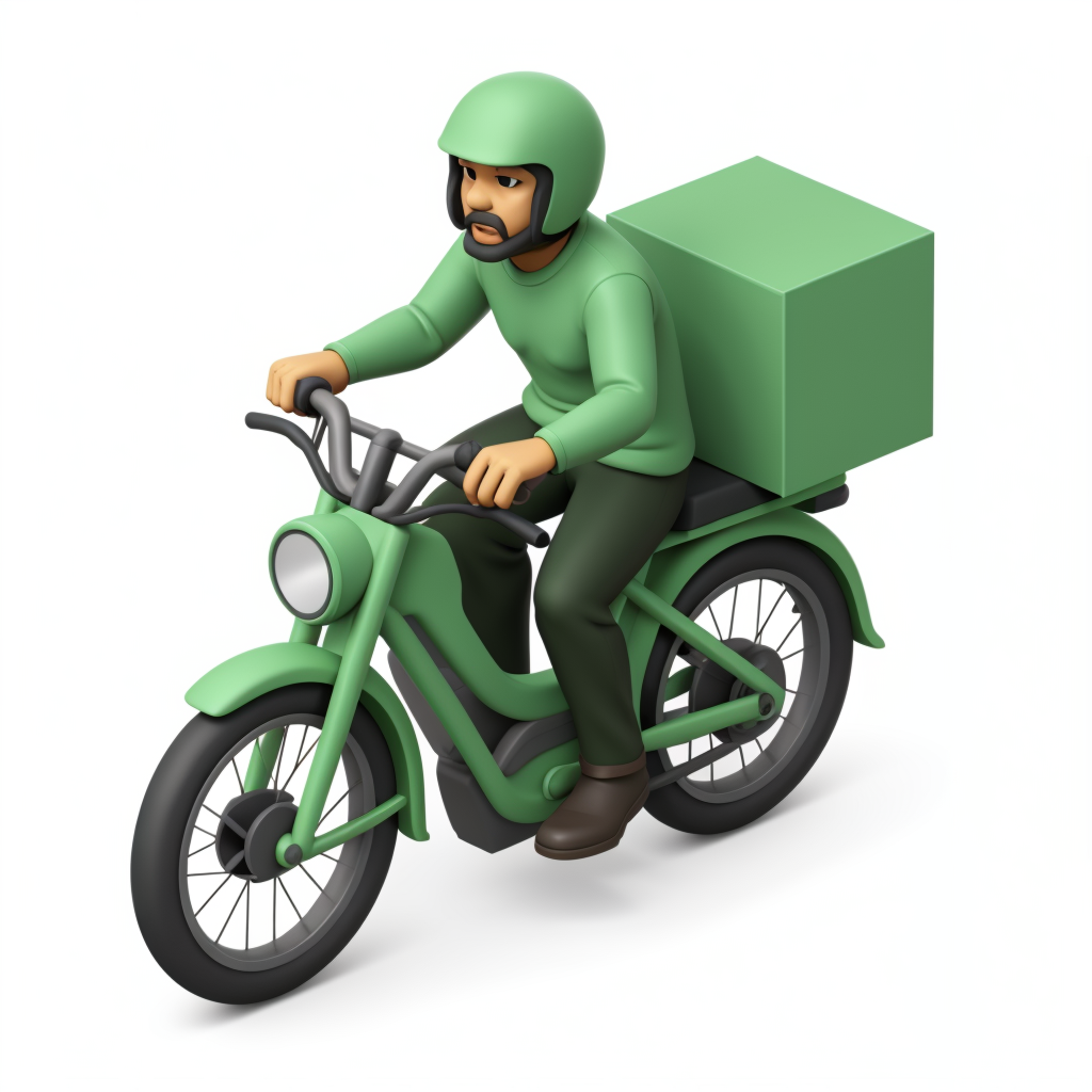 A miniature 3D illustration in isometric perspective.
A delivery motorcycle with thin spoke wheels, large round headlight, and visible front and rear suspension. A cubic delivery box (45 × 45 × 45 cm) is mounted at the back, painted green.
The driver is a young Middle Eastern man, wearing a green long-sleeved Lacoste shirt, dark pants, and a green helmet with visor lifted so his eyes are visible.
Vehicle angled slightly to the right, pointing toward the upper-right corner (3/4 front view). Camera is slightly above and to the left, showing both the front and right side.
Style: miniature 3D illustration, toy-like proportions, smooth shading, consistent vector look.