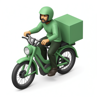 A miniature 3D illustration in isometric perspective.
A delivery motorcycle with thin spoke wheels, large round headlight, and visible front and rear suspension. A cubic delivery box (45 × 45 × 45 cm) is mounted at the back, painted green.
The driver is a young Middle Eastern man, wearing a green long-sleeved Lacoste shirt, dark pants, and a green helmet with visor lifted so his eyes are visible.
Vehicle angled slightly to the right, pointing toward the upper-right corner (3/4 front view). Camera is slightly above and to the left, showing both the front and right side.
Style: miniature 3D illustration, toy-like proportions, smooth shading, consistent vector look.