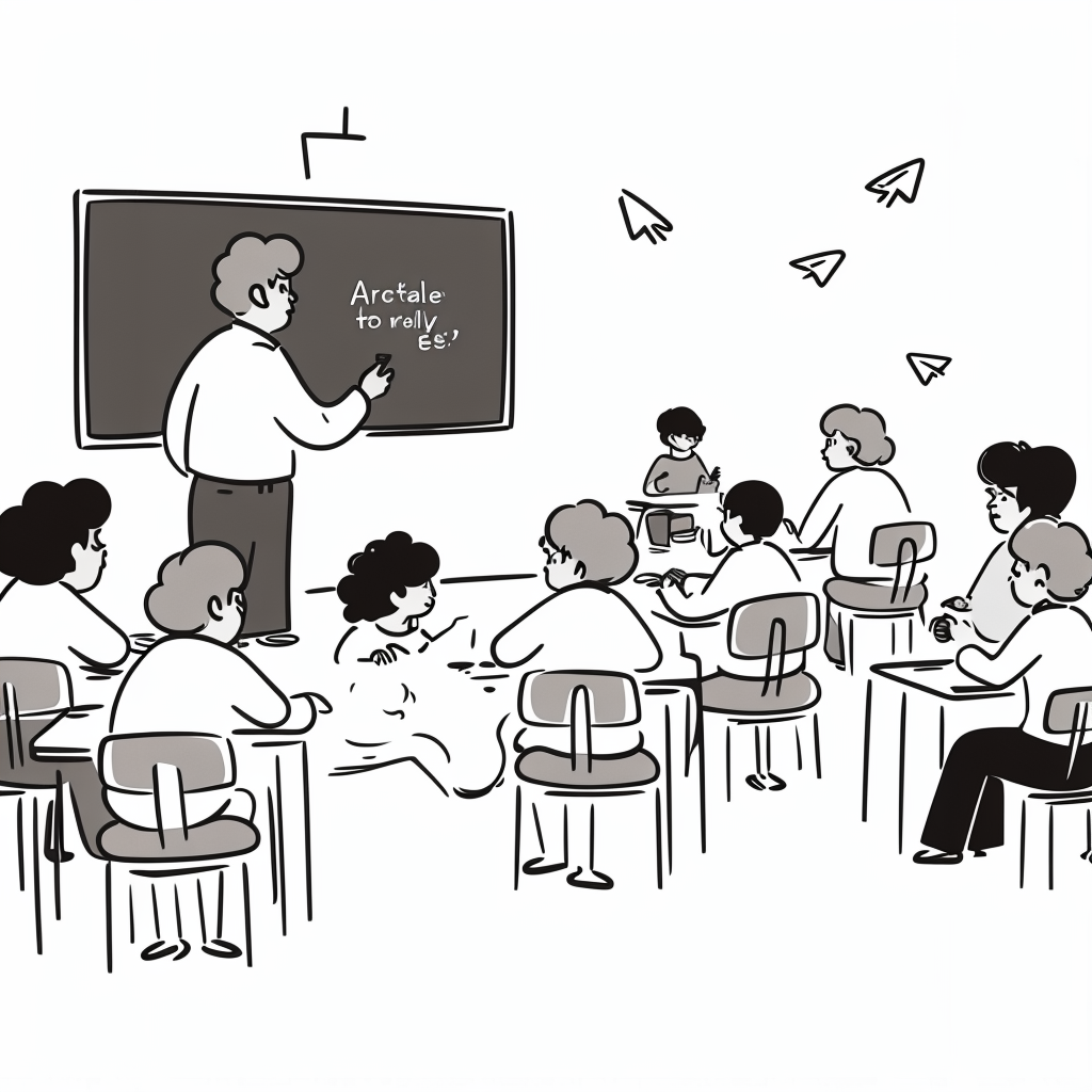 A teacher teaching in a class and writing on a blackboard and children's are talking to each other in throwing papers aeroplane