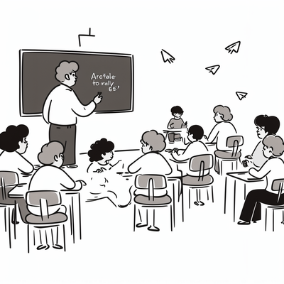 A teacher teaching in a class and writing on a blackboard and children's are talking to each other in throwing papers aeroplane