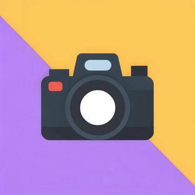 A modern flat icon of a camera with a circular lens in the center.