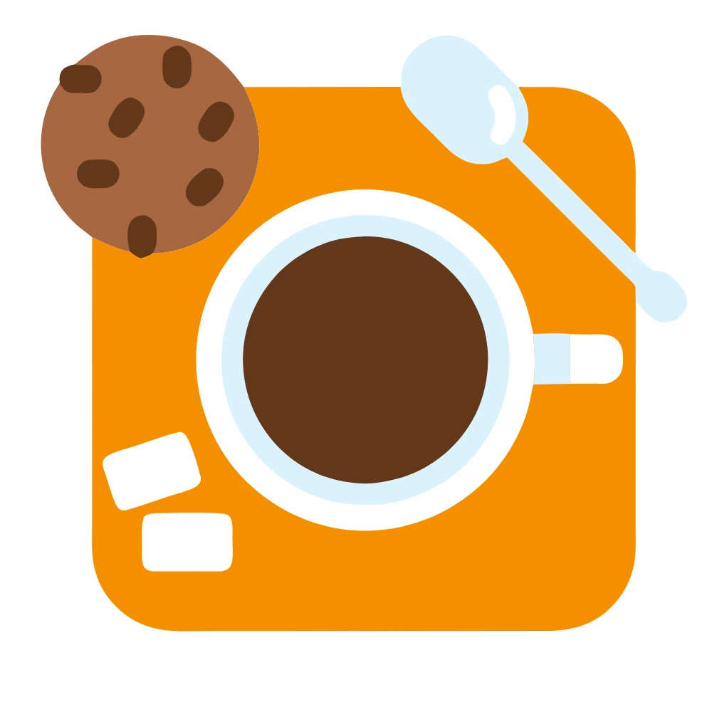 A shot from top of a plate with coffe cup, cookies, sugar cubes and a spoon.