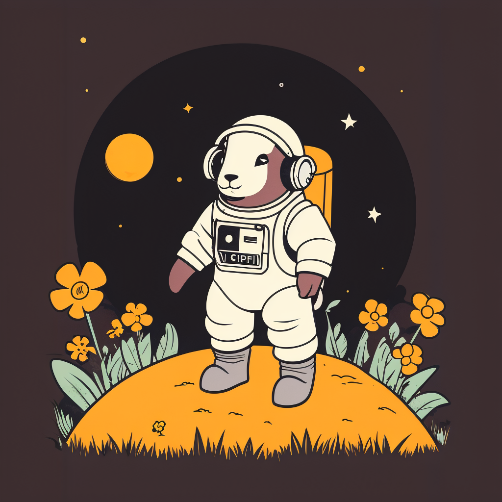 A sheep on the moon with flowers around. Retro colors. The sheep is in an astronaut suit.