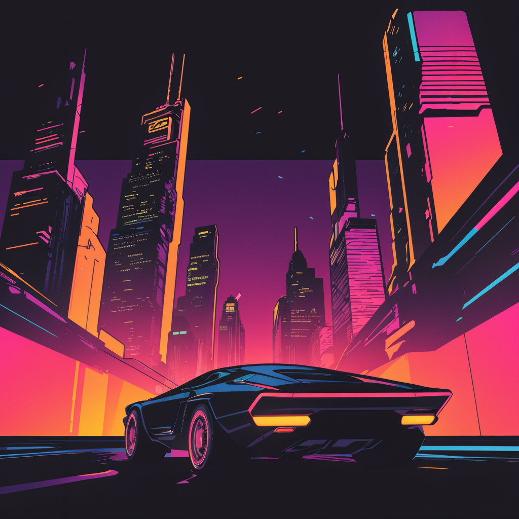 A cyberpunk colony scenery. Focus is on a car. Neon lights. A futuristic cityscape.