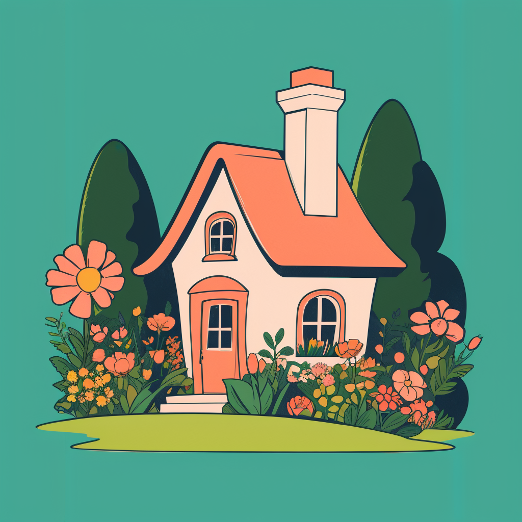 A disney-movie like house with beautiful flowers around the house.