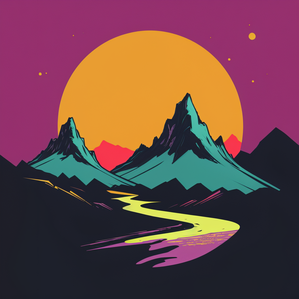 Two mountains and a scenery that blends well with them. A moon/sun in the background to enhance the scene.
