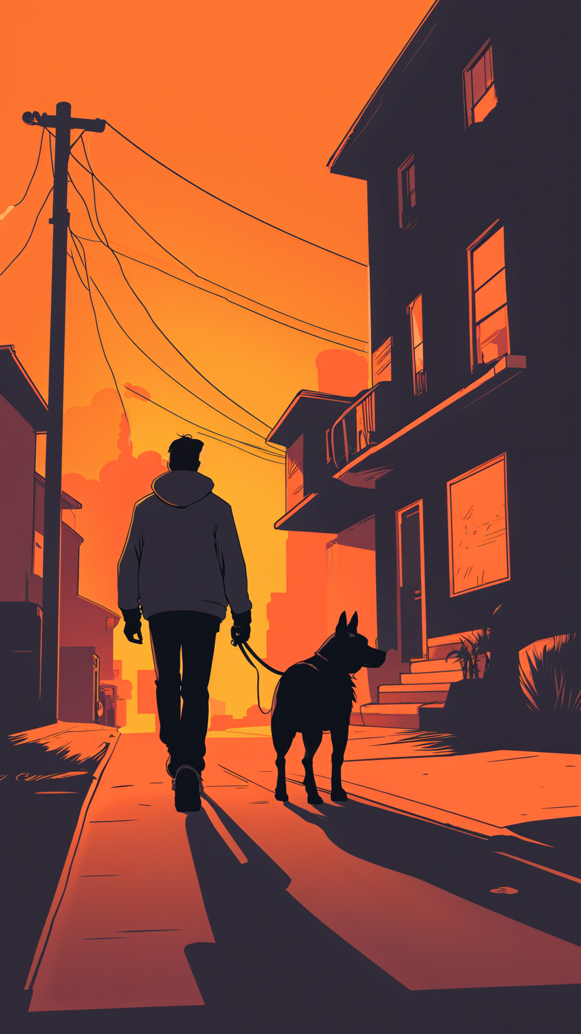 A man walking back home in a dimly lit street. On his side is his dog. The camera shot is from the back.