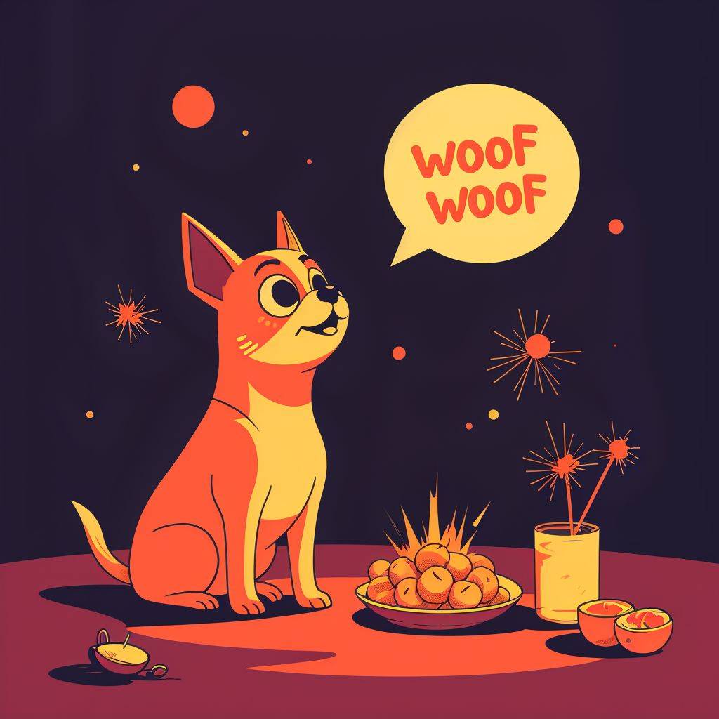 A dog celebrating with crackers and a plate of treats, and a speech bubble saying woof woof