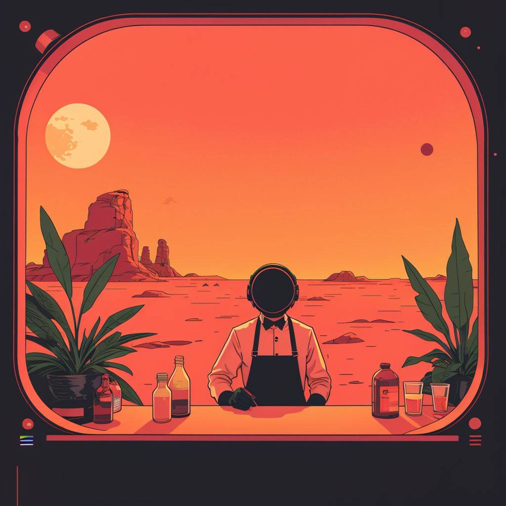A cozy bar on Mars with glass walls and windows showing the planet's red landscape, tiny plants growing on the tables, and a mysterious looking mixologist in a bowtie serving drinks.