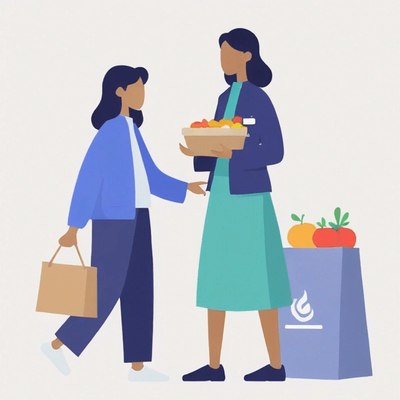 Woman in a uniform delivering food to a family.