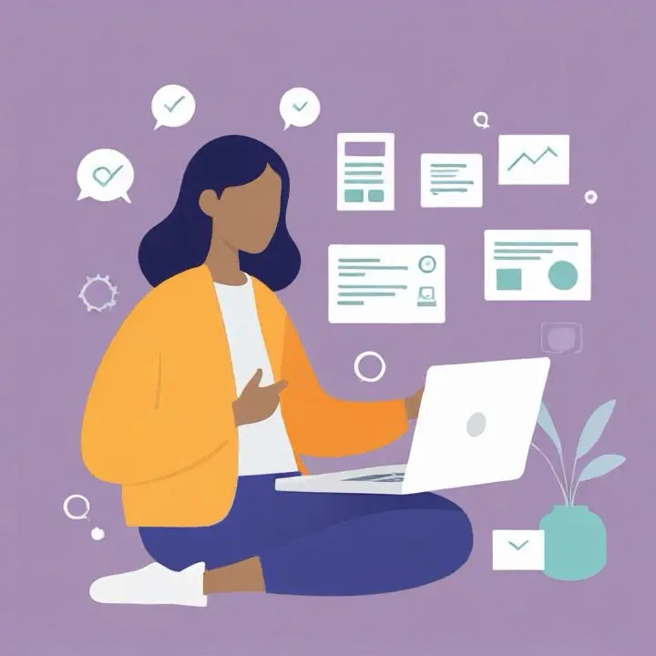 Woman sitting with a laptop ideating.