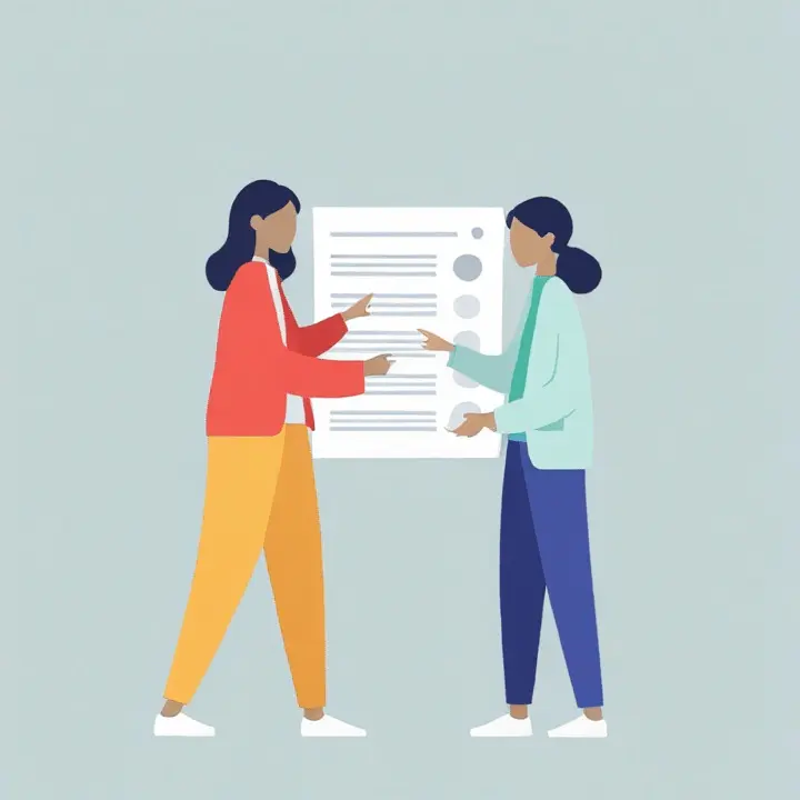 Two women colleagues discussing on a whiteboard.