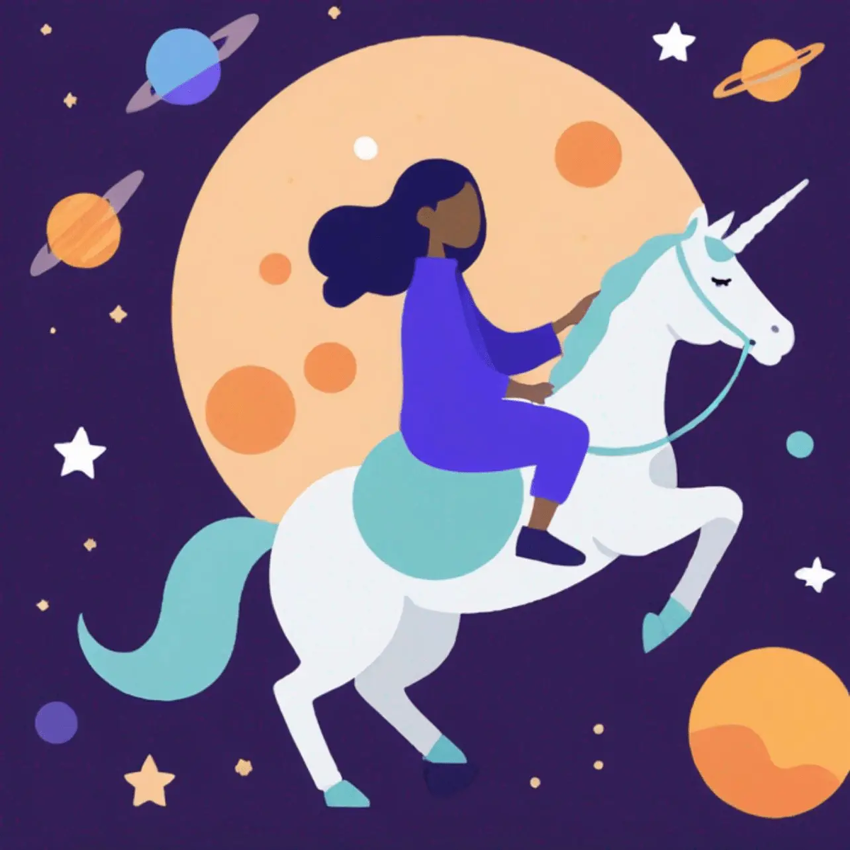 Girl riding a unicorn in space with planets in the background.
