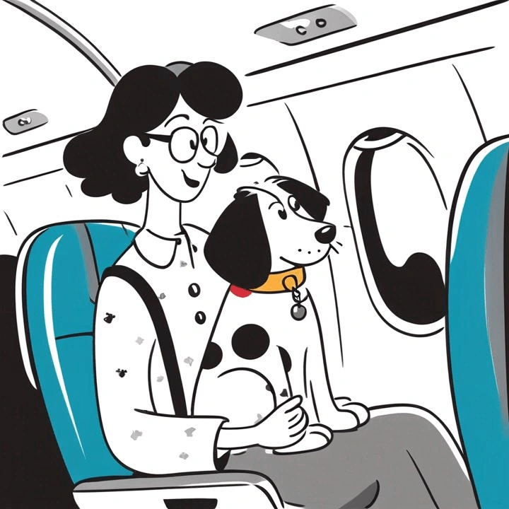 A woman with a dog in her lap travelling in a plane.