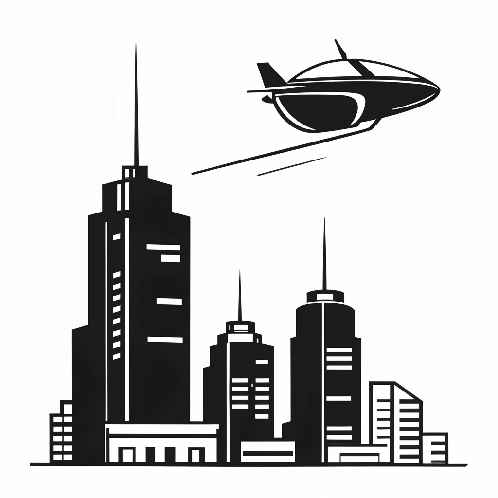 A futuristic cityscape with flying cars and towering skyscrapers.