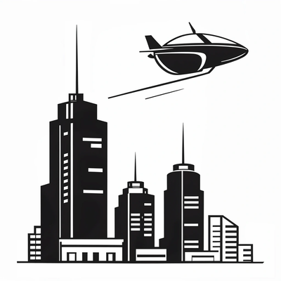 A futuristic cityscape with flying cars and towering skyscrapers.