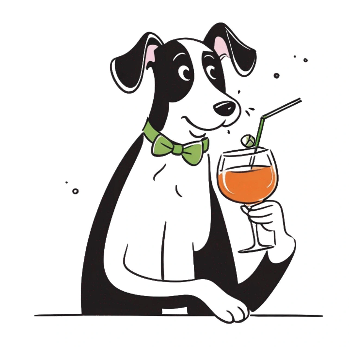 A dog with a cocktail glass in its hand. The dog is sipping the cocktail.
