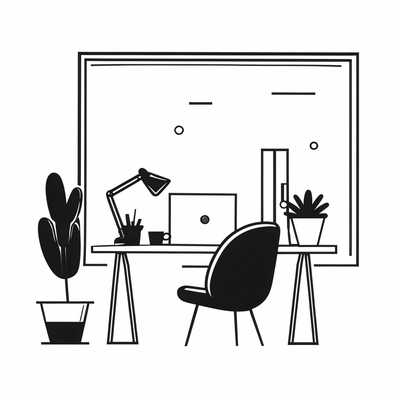 A modern workspace with a sleek laptop, plants, and art supplies.