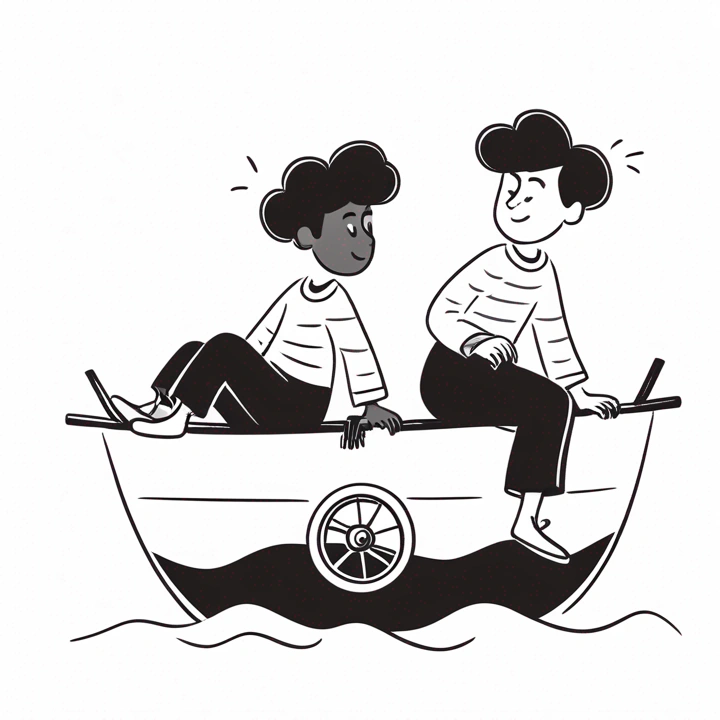 Two boys in a boat with wheels.