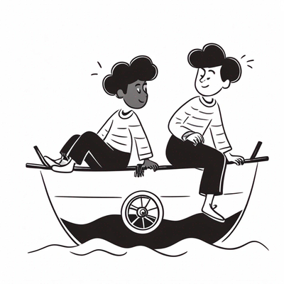 Two boys in a boat with wheels.