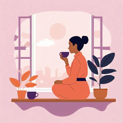 A woman sitting by a window drinking tea.