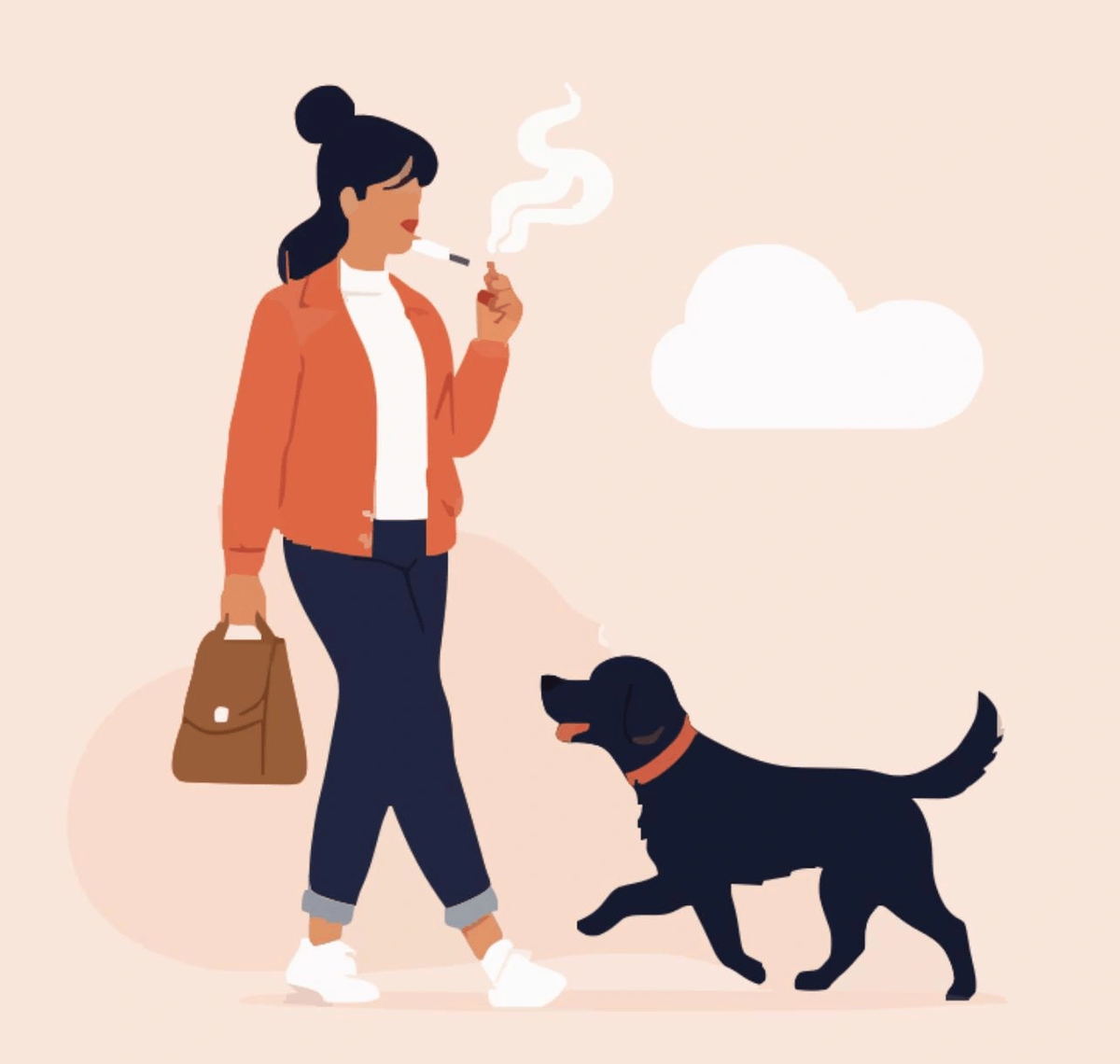 Woman with bangs smoking a cigarette while walking her dog.