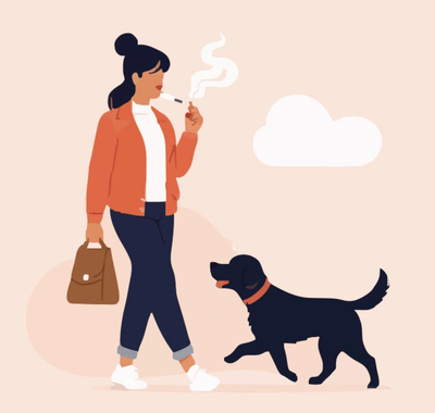 Woman with bangs smoking a cigarette while walking her dog.