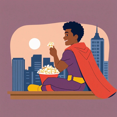 Man wearing a superhero cape on a rooftop, eating popcorn and watching sunset.