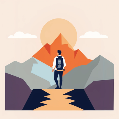A serene mountain landscape at sunrise with a lone hiker.