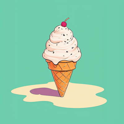 An ice-cream cone with sprinkles and a raspberry on top. The cone is balanced on the ground. The ice-cream is about to melt.