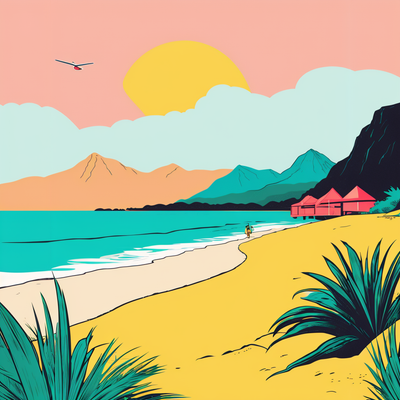 A scenery of a beach and mountains with huts visible.