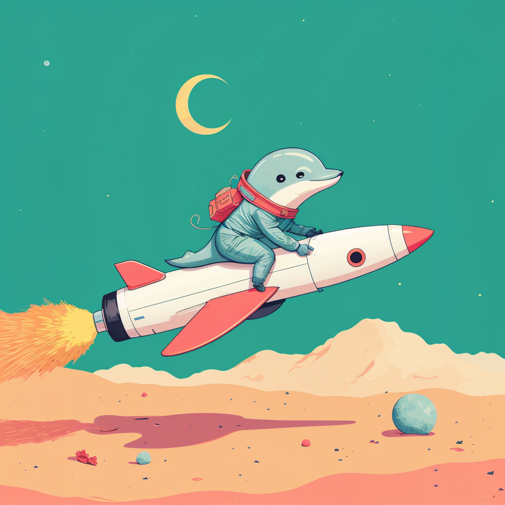 A dolphin riding a rocket wearing an astronaut suit.