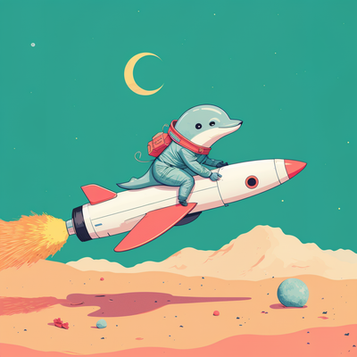 A dolphin riding a rocket wearing an astronaut suit.