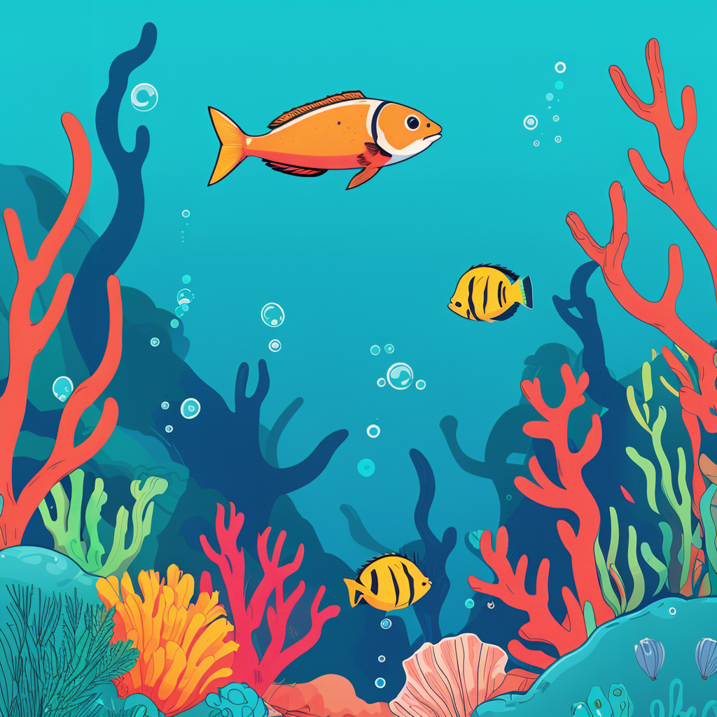 An underwater world with bright contrasting colors and a variety of fish and plants.