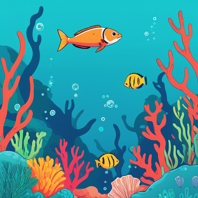 An underwater world with bright contrasting colors and a variety of fish and plants.