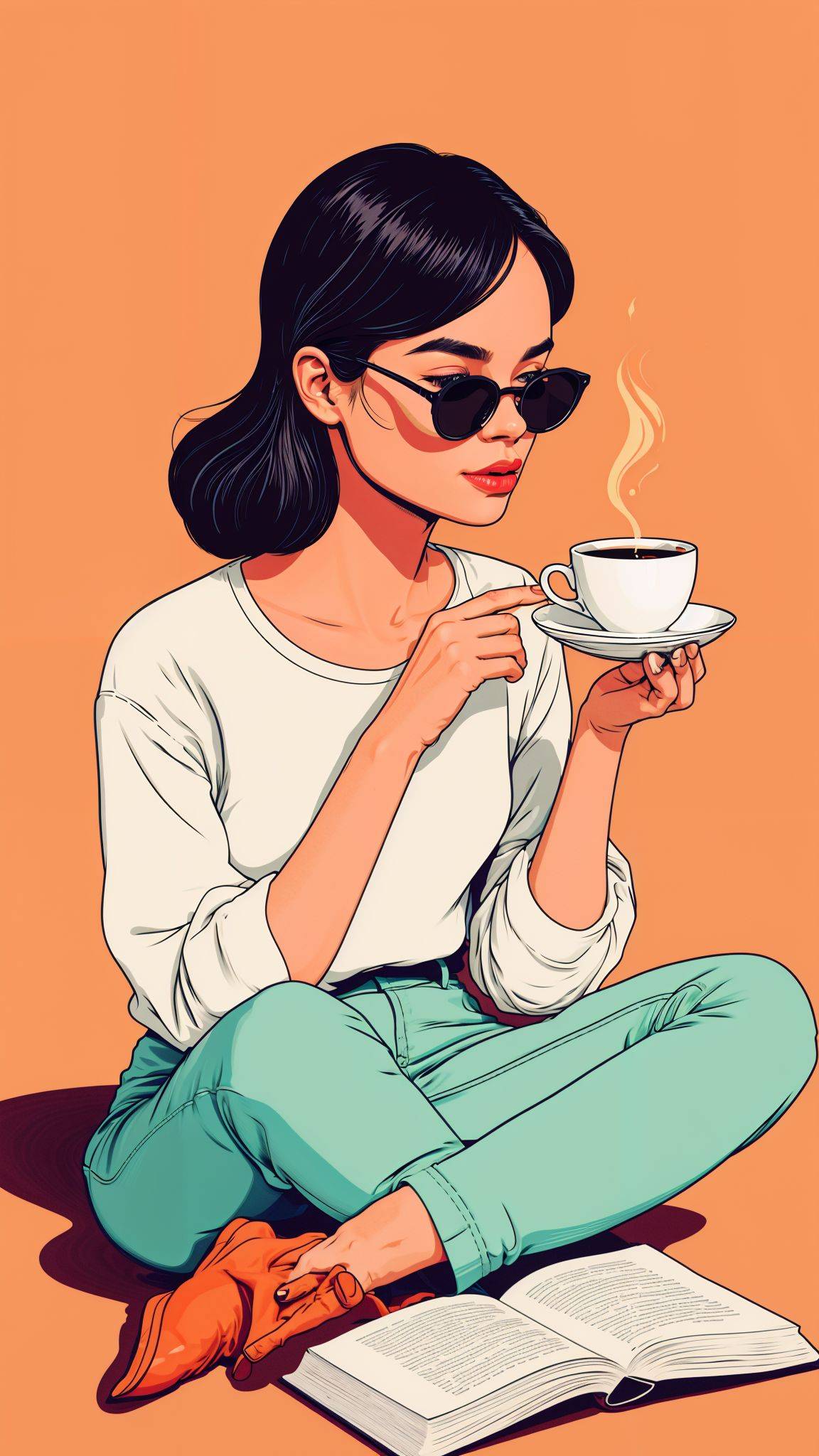 A girl drinking a cup of coffee while reading a book.