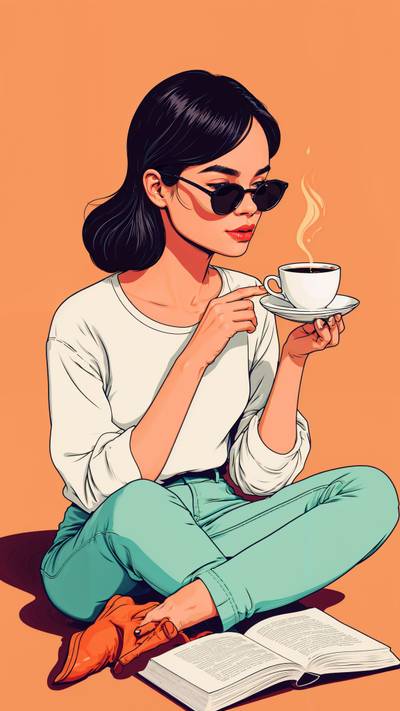 A girl drinking a cup of coffee while reading a book.